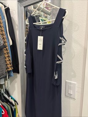 J.B.S. Navy Cold-Shoulder Dress with Beaded Trim